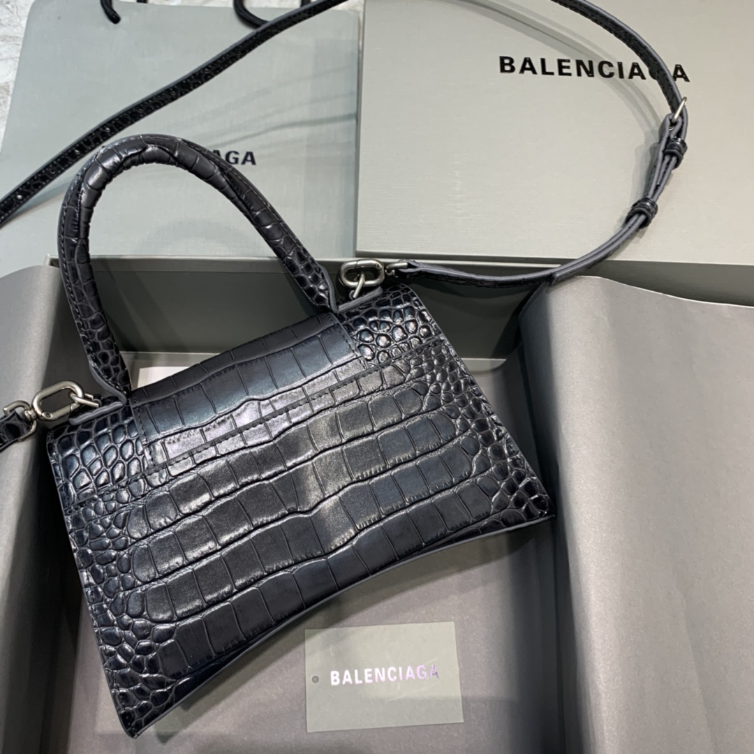 Balenciaga Hourglass Small Handbag Crocodile Embossed Shoulder Bag Black